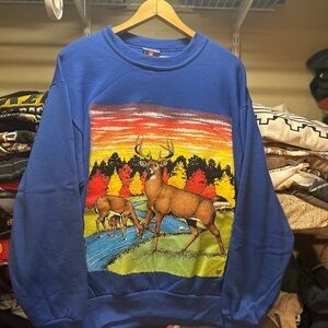 Vintage Deer Nature Wildlife Crewneck Sweatshirt Size Large Bright Blue